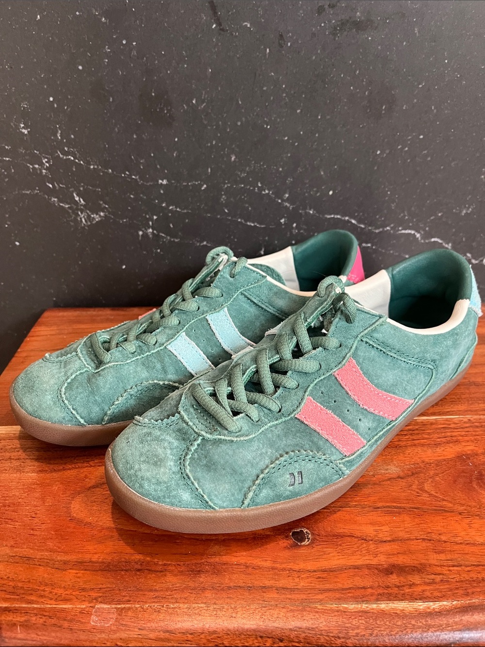 Coolway Green Suede Sneakers with Pink and Blue Stripes